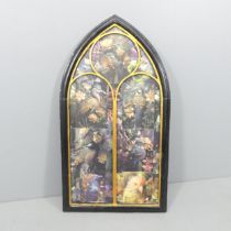 CLIVE FREDRIKSSON - A painted gothic arch shaped panel with decoupage decoration. 62x113cm.