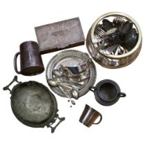 A quantity of silver plated items, including a tankard, cutlery, sauce pots etc
