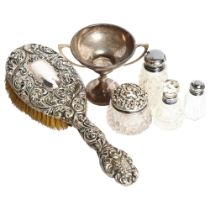 A group of various silver items, including an Art Nouveau dressing table brush, 4 various scent