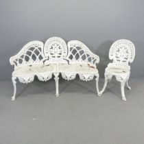 A painted cast-metal continental style garden bench, 138x84x65cm, and similar chair (2).