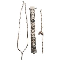 An articulated silver bracelet, a silver stone set bracelet and similar necklace (3)