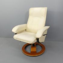 A modern white faux leather upholstered Ekornes style reclining swivel lounge chair. Some marks to