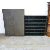 A Vintage industrial painted metal two door cabinet, 86x120x32cm, and a pigeonhole unit,