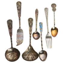 5 Chinese silver spoons and knives, an English silver hallmarked fork etc