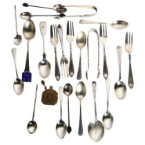 Various English hallmarked silver teaspoons, bean-end spoons, cake forks etc, 9.8oz gross, and a