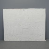 A plaster panel with moulded Egyptian hieroglyph decoration. 151x118x3cm.