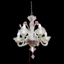 A Murano pink and clear handmade glass 5-branch chandelier, height 52cm All pieces in good condition