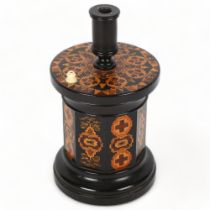 19th century Tunbridge Ware and ebony go-to-bed with micro-mosaic inlay and ivory match holder,