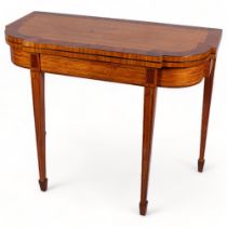 19th century satinwood and tulipwood banded fold over card table, on strung tapered legs, width 91cm