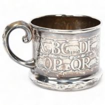 Sterling silver Little Bo Peep alphabet design christening mug, stamped sterling, height 6cm Dents