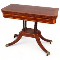 19th century mahogany and satinwood crossbanded fold over card table, width 91.5cm Top has several