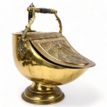 Good quality Victorian brass Neoclassical design coal bin and matching shovel, with turned wood