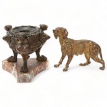 19th century Neoclassical patinated bronze inkwell, with griffon supports on shaped marble base,