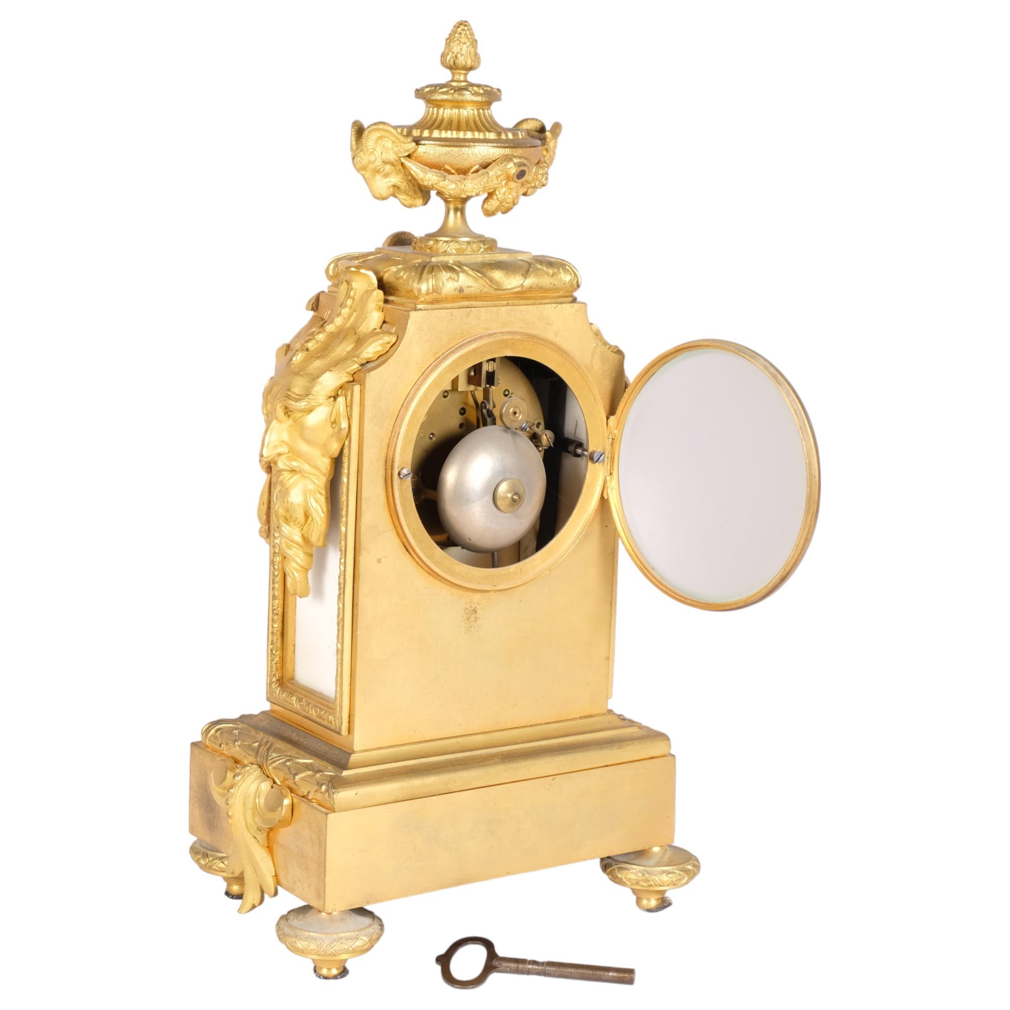 Good quality 19th century French ormolu and alabaster Rococo style mantel clock, surmounted by an - Image 3 of 3