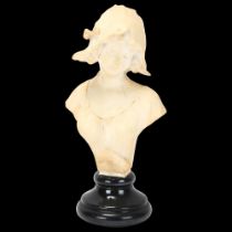 19th century Italian alabaster bust of a girl, signed Mazzariti Florence, mounted on black ceramic
