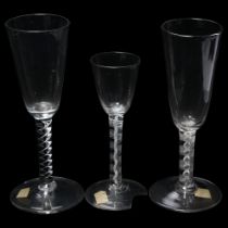 3 various 18th century cordial glasses, largest height 19.5cm Smallest glass has section of the foot