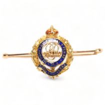 George V 15ct gold and enamel Royal Engineers military sweetheart brooch, width 45mm All in good