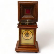 19th century German walnut-cased Symphonion musical mantel clock, hinged lid enclosing disc player