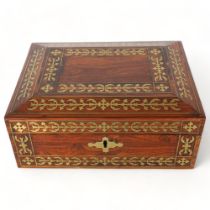 19th century rosewood and brass marquetry inlaid rectangular box, original key, 25cm x 19cm,