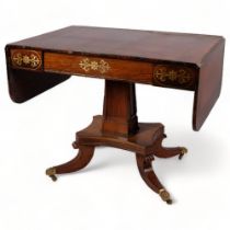 19th century brass inlaid rosewood sofa table, with single frieze drawer and sabre leg base, 91cm