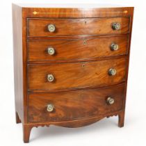 Regency mahogany bow-front chest of 4 long graduated drawers, with brass handles, width 93.5cm,