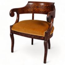An 18th century Dutch marquetry bow arm chair, width 64cm Good condition with age-related flaws
