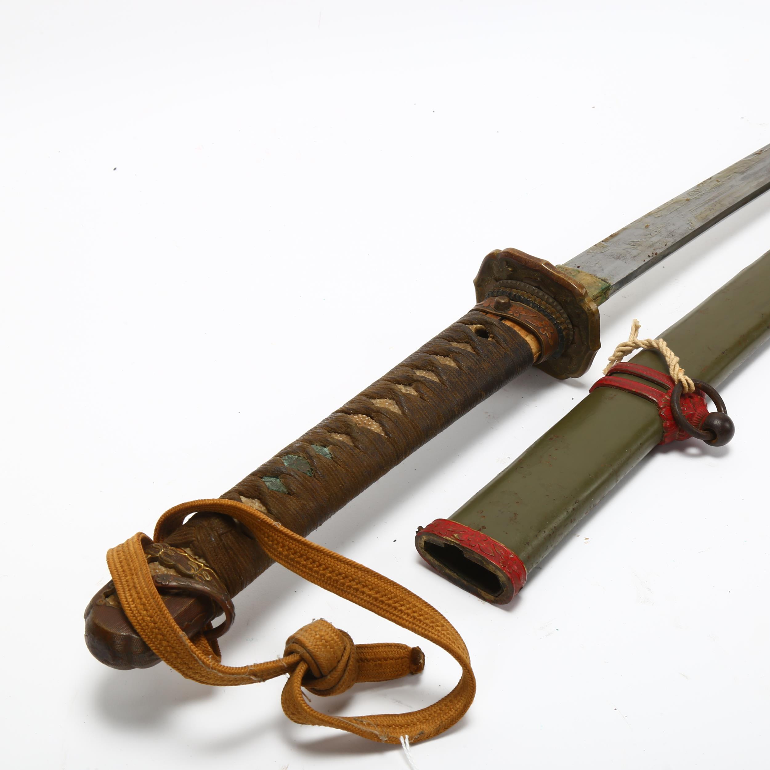 Japanese early 20th century sword, with shagreen and bound handle with parcel-gilt mounts, blade - Image 3 of 3