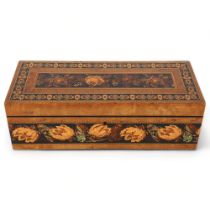 19th century Tunbridge Ware and satinwood rectangular box, rose decorated micro-mosaic lid and