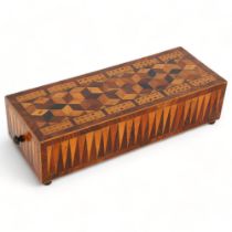 19th century Tunbridge Ware cribbage box, specimen wood cube marquetry decorated top, geometric