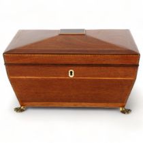 19th century mahogany sarcophagus shaped tea caddy, with inlaid banding, 3 inner caddies with curved