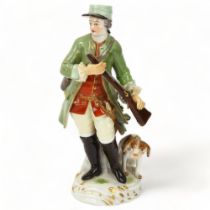 19th century Meissen porcelain figure, huntsman with hound, height 13cm Possibly old restored chip