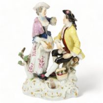 19th century Meissen porcelain group, romantic couple, height 19cm The lady's glass has been broken,