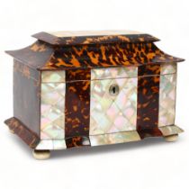 19th century tortoiseshell and mother-of-pearl parquetry inlaid rectangular tea caddy, with shaped