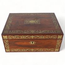 19th century rosewood and brass marquetry inlaid sewing box, with tray fitted interior and