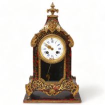 19th century tortoiseshell and brass Boulle marquetry mantel clock, enamel dial and 8-day movement