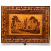 19th century Tunbridge Ware dome-top stationery box depicting Battle Abbey, rosewood and foliate