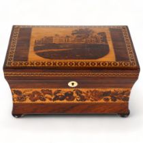 19th century Tunbridge Ware and rosewood tea caddy depicting Eridge Castle?, with concave sides,