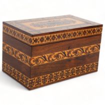 19th century Tunbridge Ware and rosewood tea caddy, floral micro-mosaic panel lid with geometric