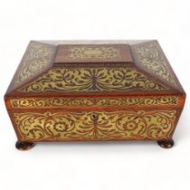 19th century rosewood and brass marquetry inlaid sarcophagus shaped sewing box, with ring handles