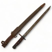 US Army military bayonet in original leather scabbard, overall length 57cm, blade length 43cm, blade