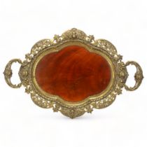 19th century cast-brass framed 2-handled tray, with inset mahogany panel in pierced and shaped