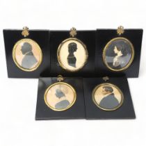 A group of 5 x 19th century hand painted silhouettes and miniature watercolour portraits, in