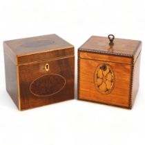 2 x 19th century satinwood and mahogany inlaid tea caddies with hinged lids, width 12cm, height 12cm