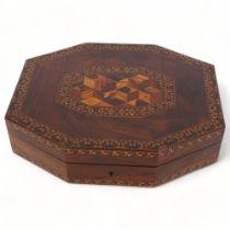 19th century Tunbridge Ware and rosewood games box of canted rectangular form, with cube marquetry