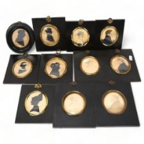 A group of Victorian hand painted silhouettes and miniature watercolour portraits, all in original