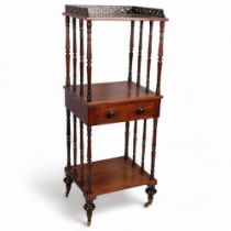 19th century rosewood 3-tier whatnot, with drawer-fitted centre tier, width 46cm, depth 38cm, height