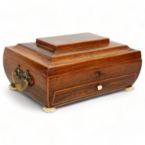 19th century rosewood sarcophagus shaped sewing/jewel box, with gilt-metal handles, ivory bun