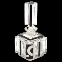 French Art Deco black and clear glass square perfume bottle and stopper, height 14.5cm Stopper has a