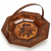 19th century Tunbridge Ware and rosewood basket of octagonal form, with floral micro-mosaic panel