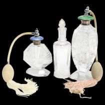 2 cut-glass silver and enamel atomiser perfume bottles, and a moulded glass bottle and stopper (3)